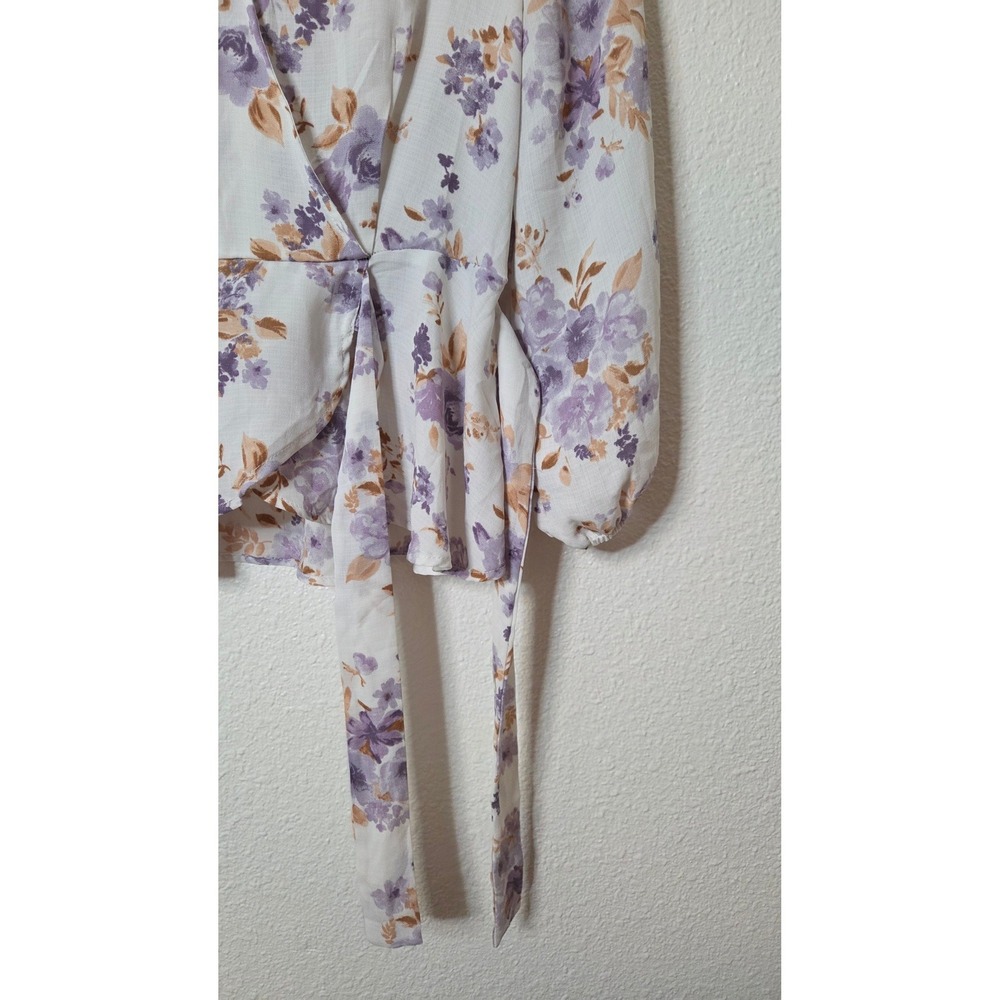 Meraki Floral Wrap Blouse Medium Cottagecore Coquette Peplum Tie Waist Top - Picture 8 of 9